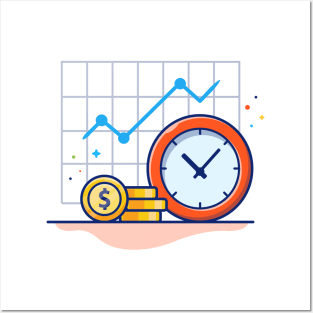 Clock with coin and graph cartoon Posters and Art